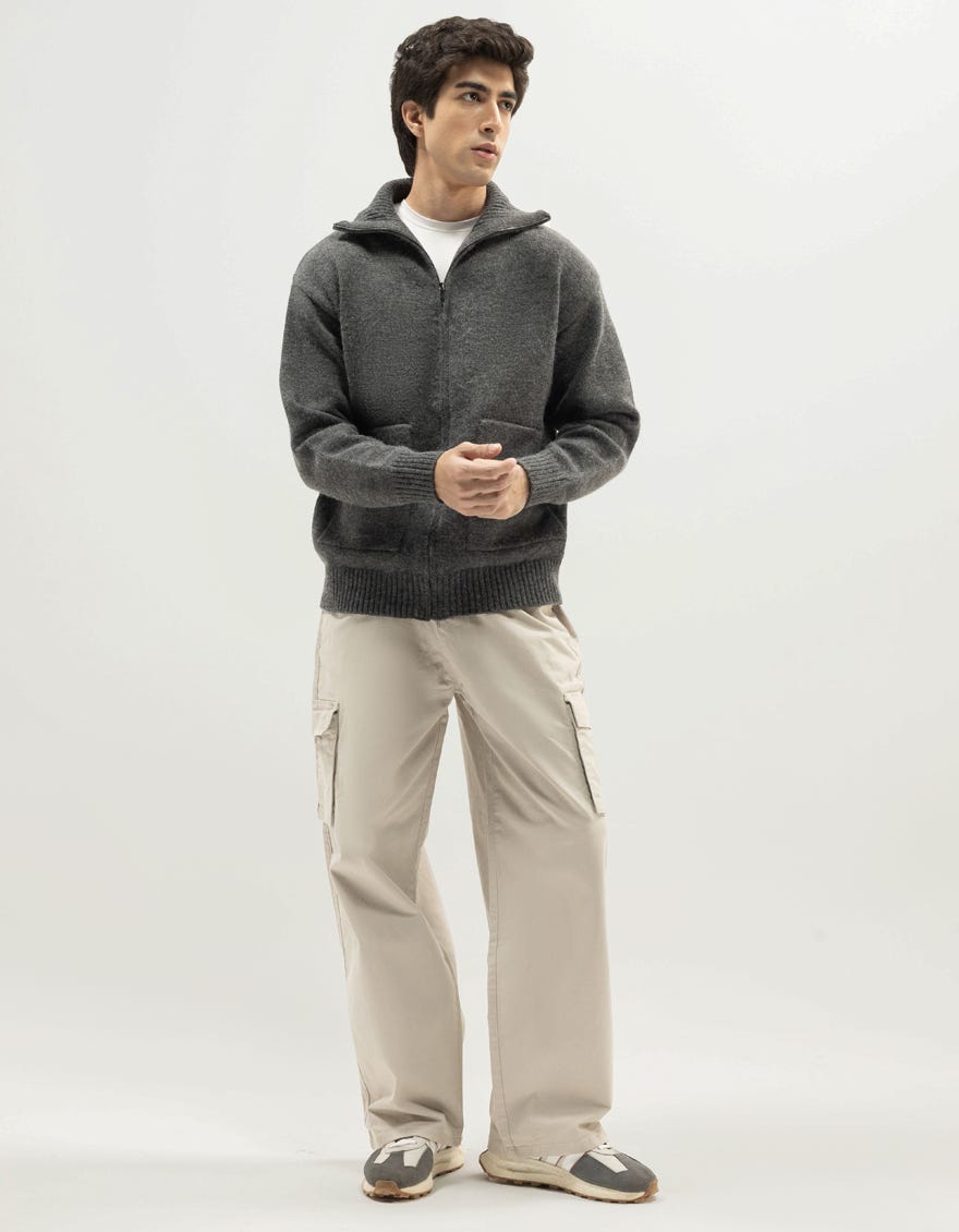 JUPITER B - HEATHER GREY ZIPDOWN COLLAR NECK CARDIGAN