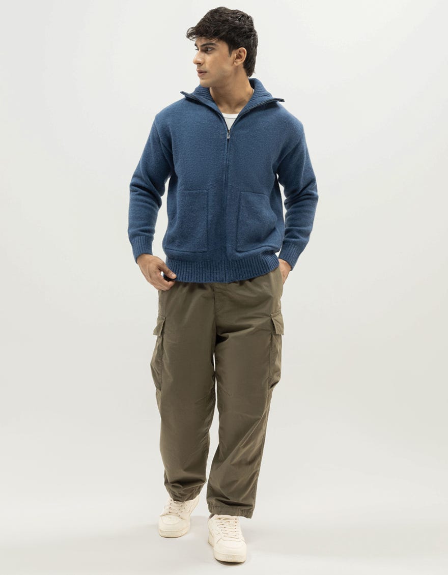 JUPITER B - HEATHER BLUE ZIPDOWN COLLAR NECK CARDIGAN