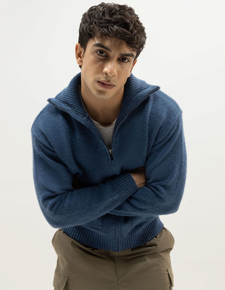 JUPITER B - HEATHER BLUE ZIPDOWN COLLAR NECK CARDIGAN