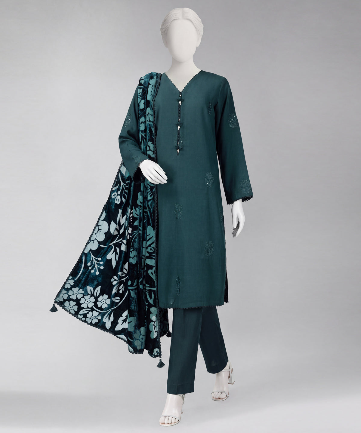Teal Embroidered Khaddar Slub Stitched 3Pc
