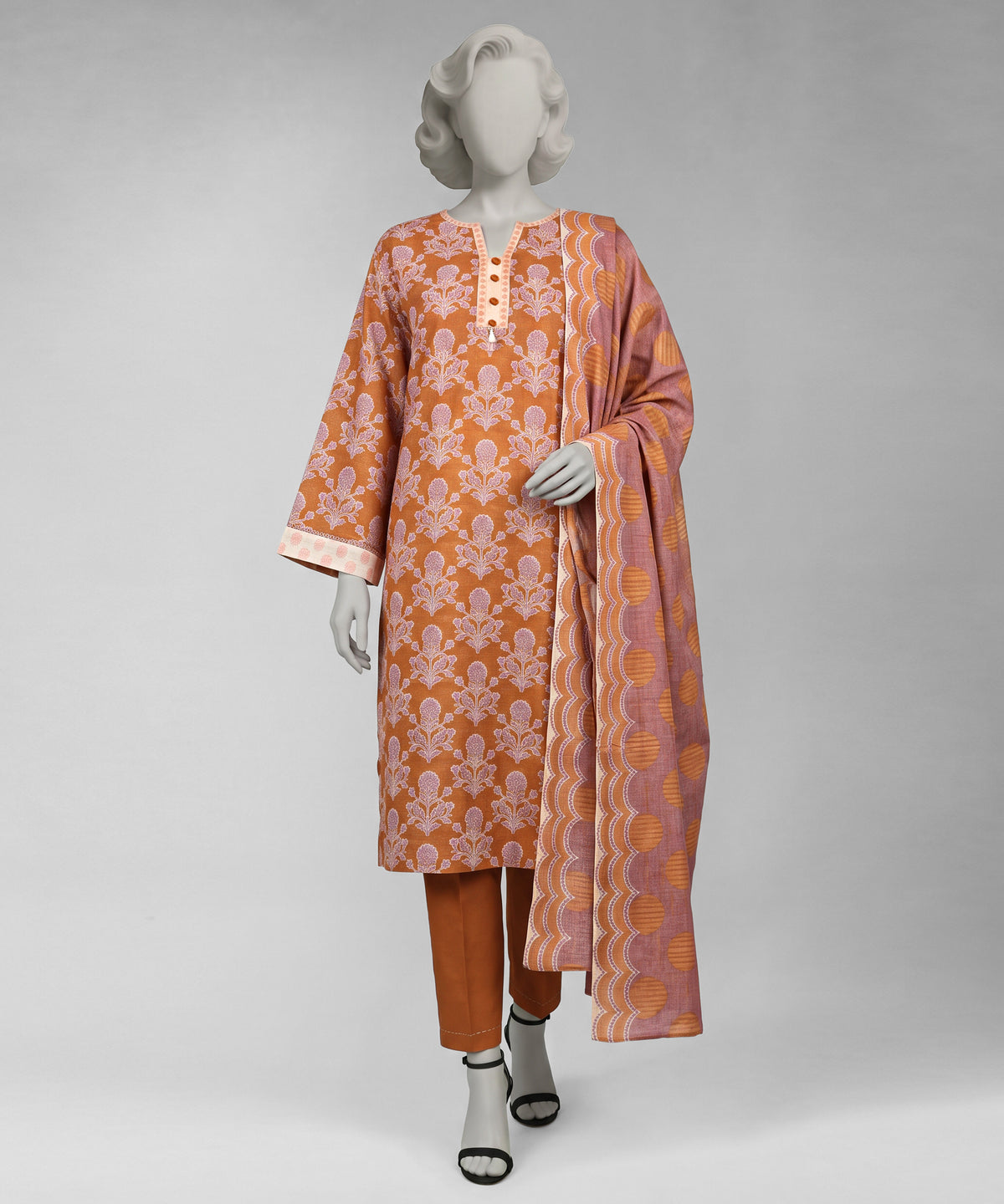 Orange Printed Khaddar Slub Unstitched 3Pc