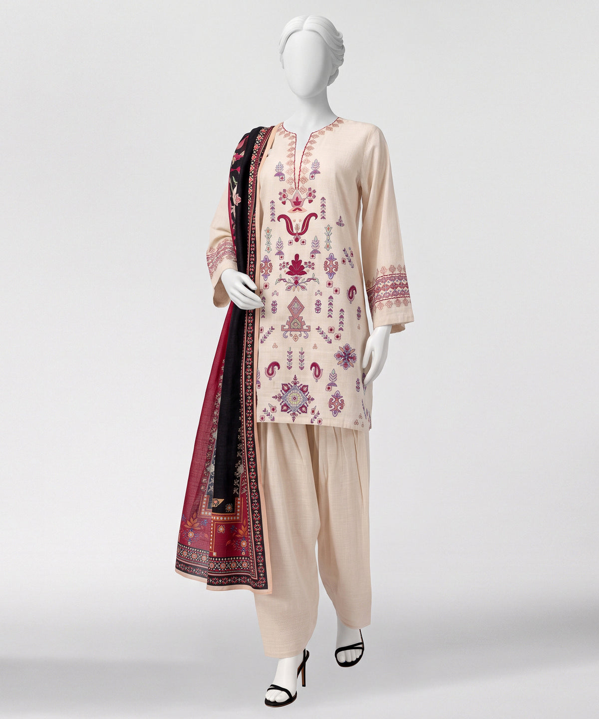 Off White Embroidered Khaddar Slub Stitched 3Pc