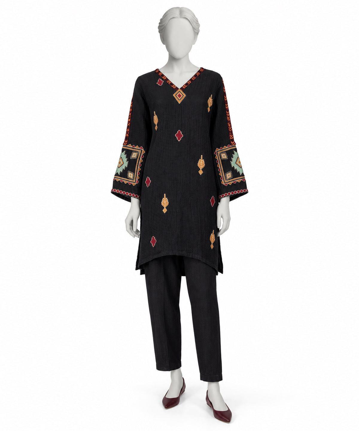 Black Embroidered Waffle Co-Ord Set