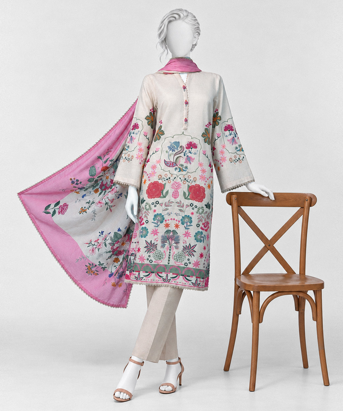 Off White Printed Khaddar Slub Stitched 3Pc