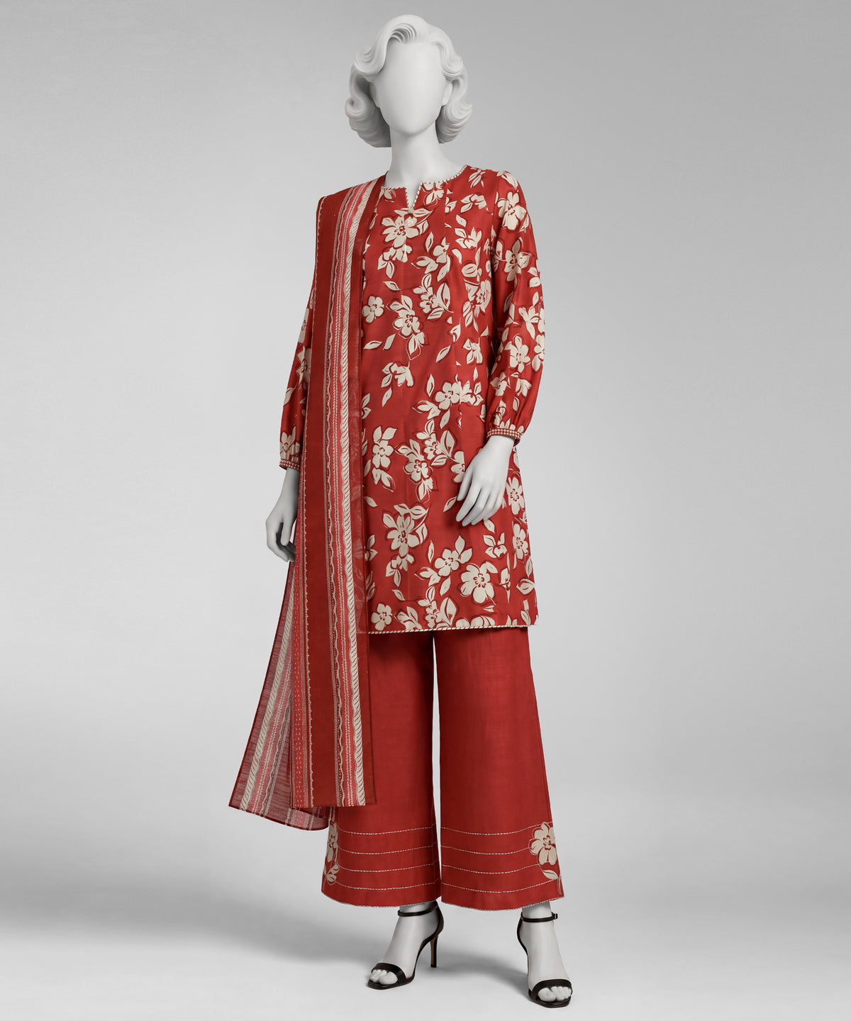 Red Printed Khaddar Slub Unstitched 3Pc