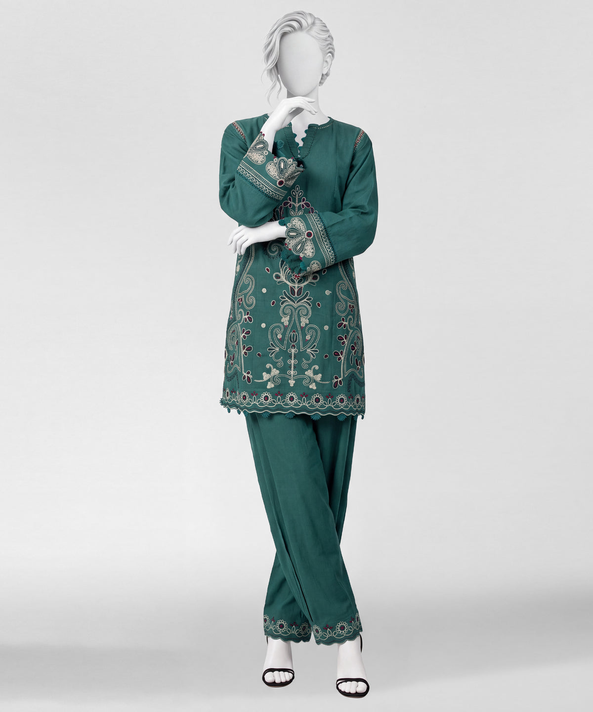 Green Embroidered Khaddar Slub Co-Ord Set