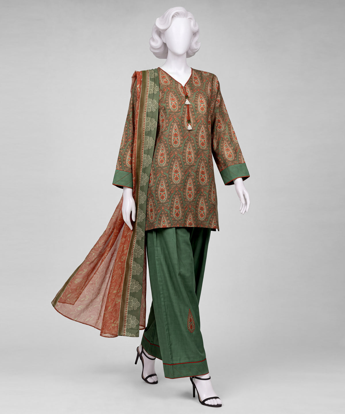 Green Printed Khaddar Slub Unstitched 3Pc