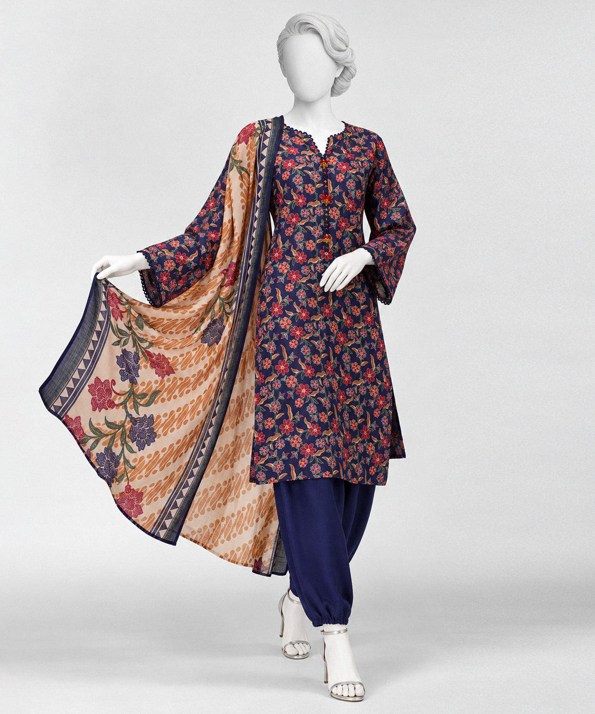 Blue Printed Khaddar Slub Stitched 3Pc