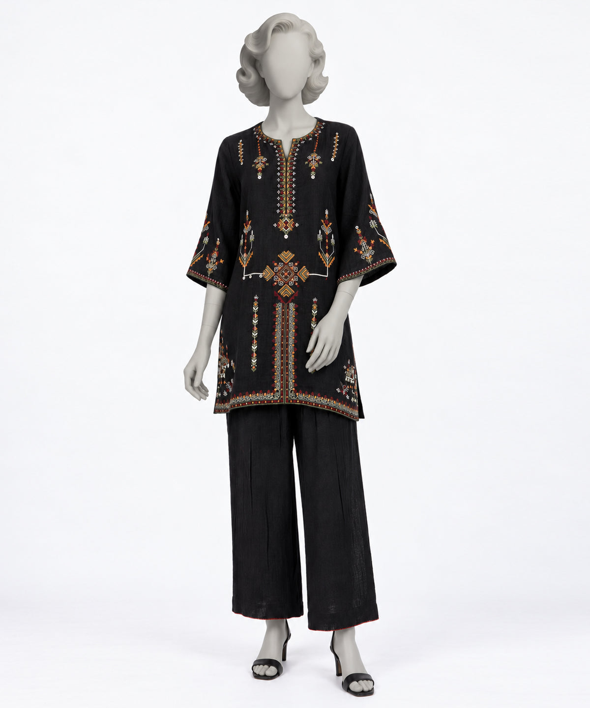 Black Embroidered Double Cloth Co-Ord Set