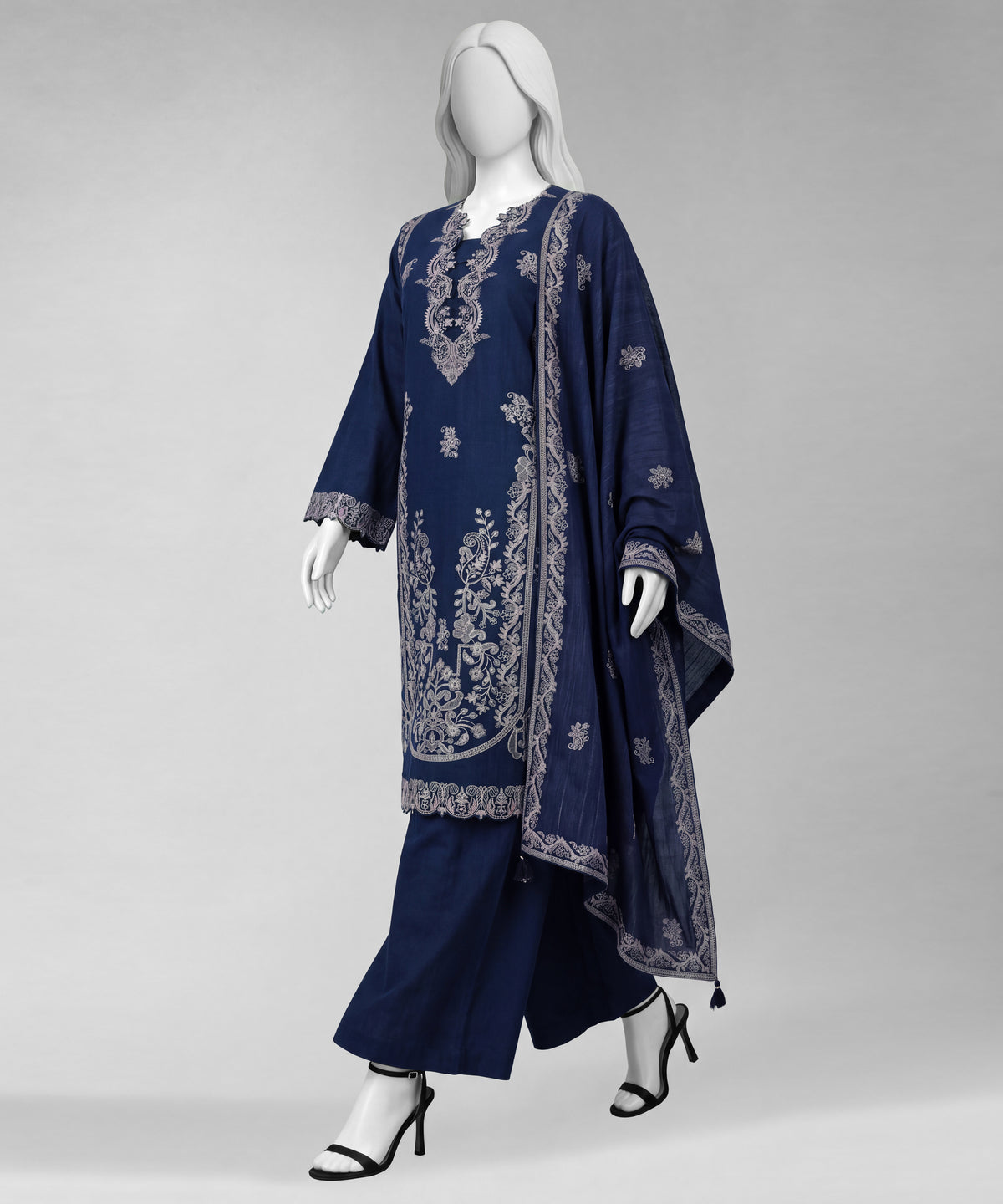 Navy Blue Embroidered Khaddar Slub Unstitched 3Pc