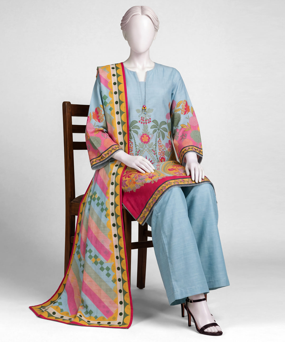 Sky Blue Printed Khaddar Slub Stitched 3Pc