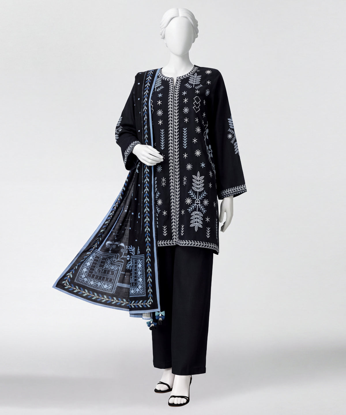Black Embroidered Khaddar Slub Stitched 3Pc