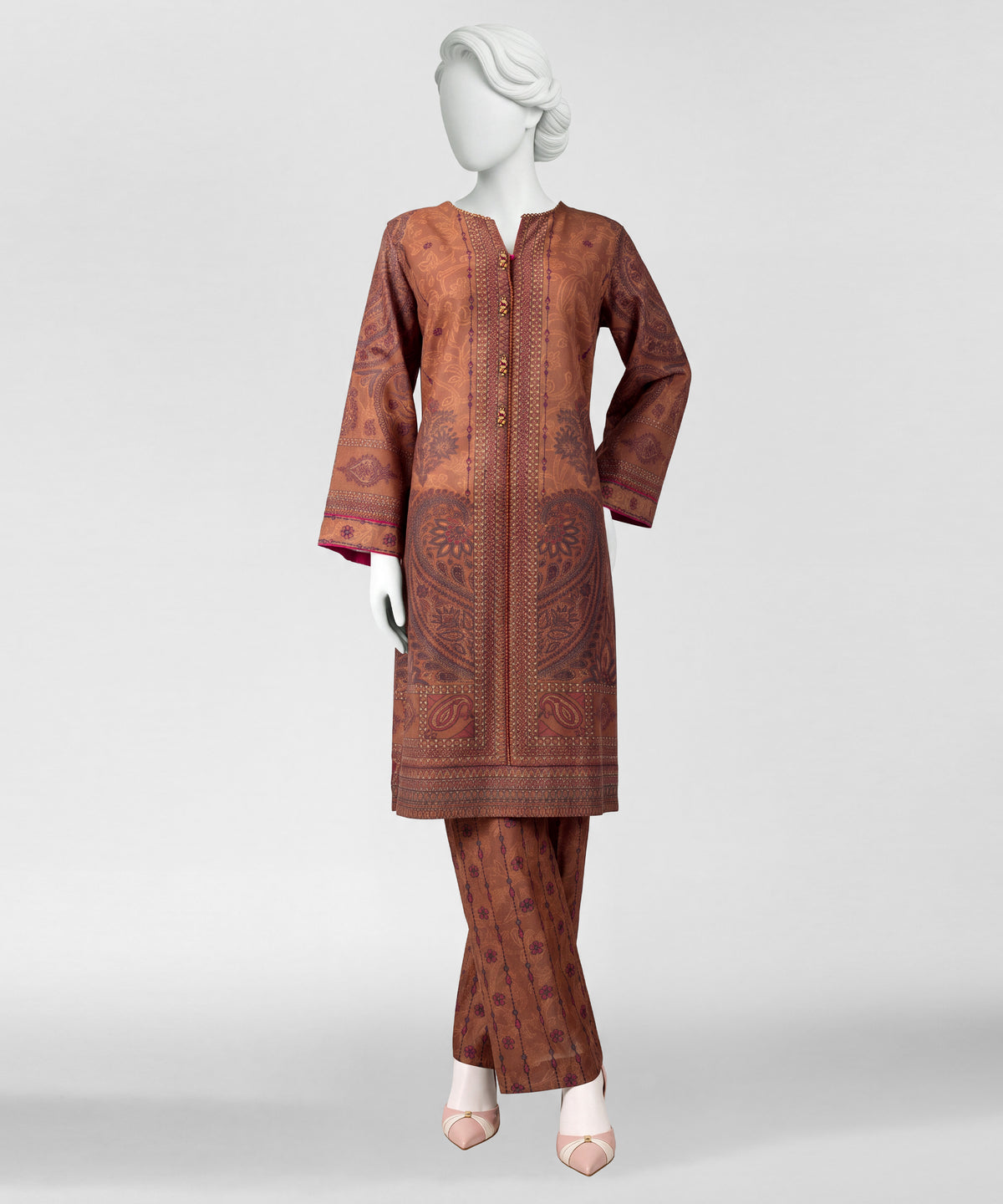 Brown Printed Khaddar Slub Co-Ord Set