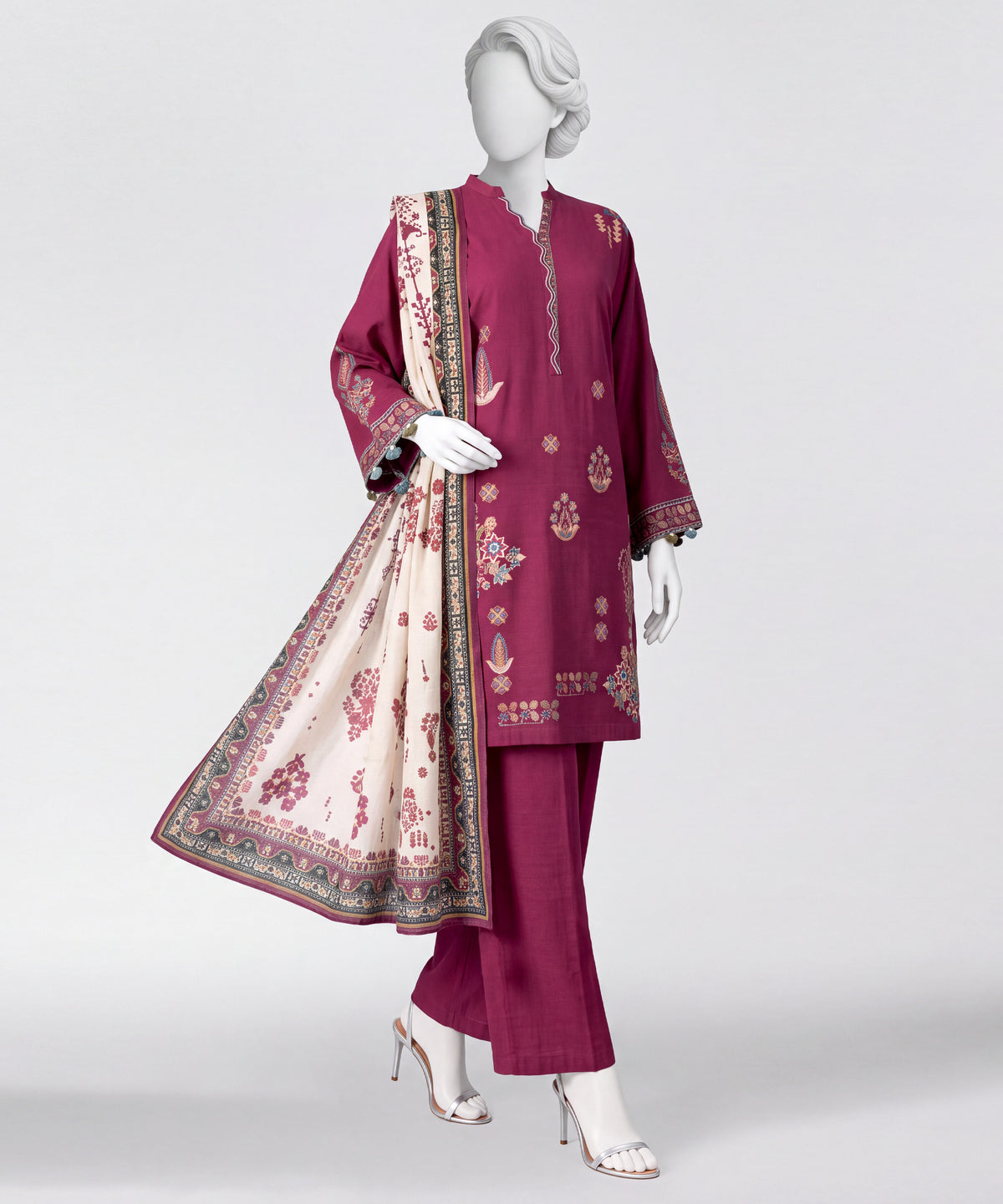 Pink Embroidered Khaddar Slub Stitched 3Pc