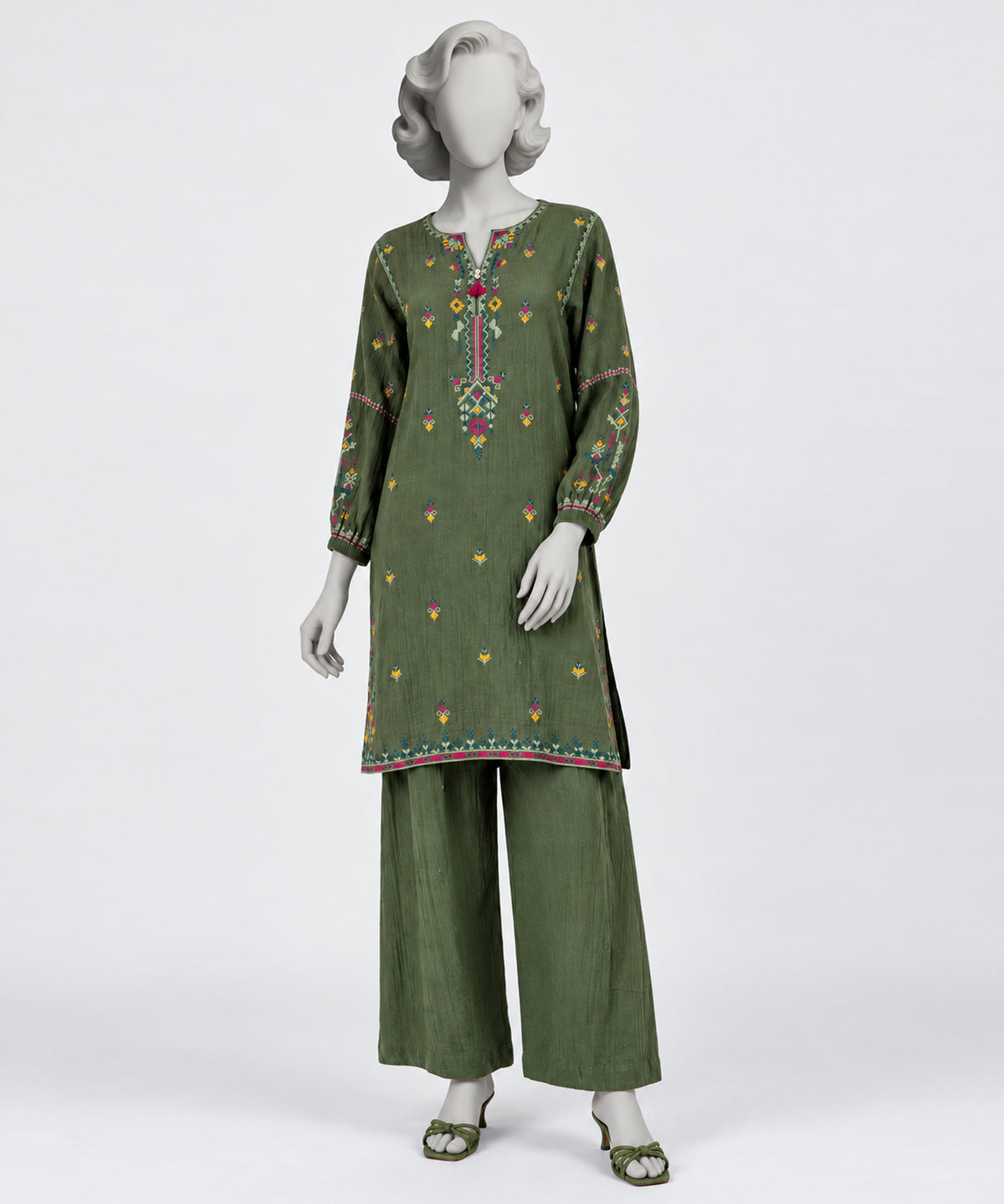 Green Embroidered Double Cloth Co-Ord Set