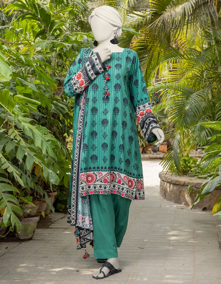 Green Light Linen Printed Unstitched 3 Piece Dress | Jjls-S-Jpw-24-019