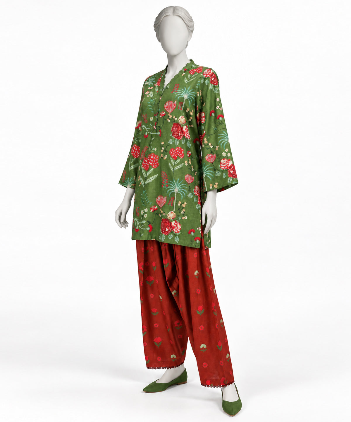 Green Printed Khaddar Slub Co-Ord Set