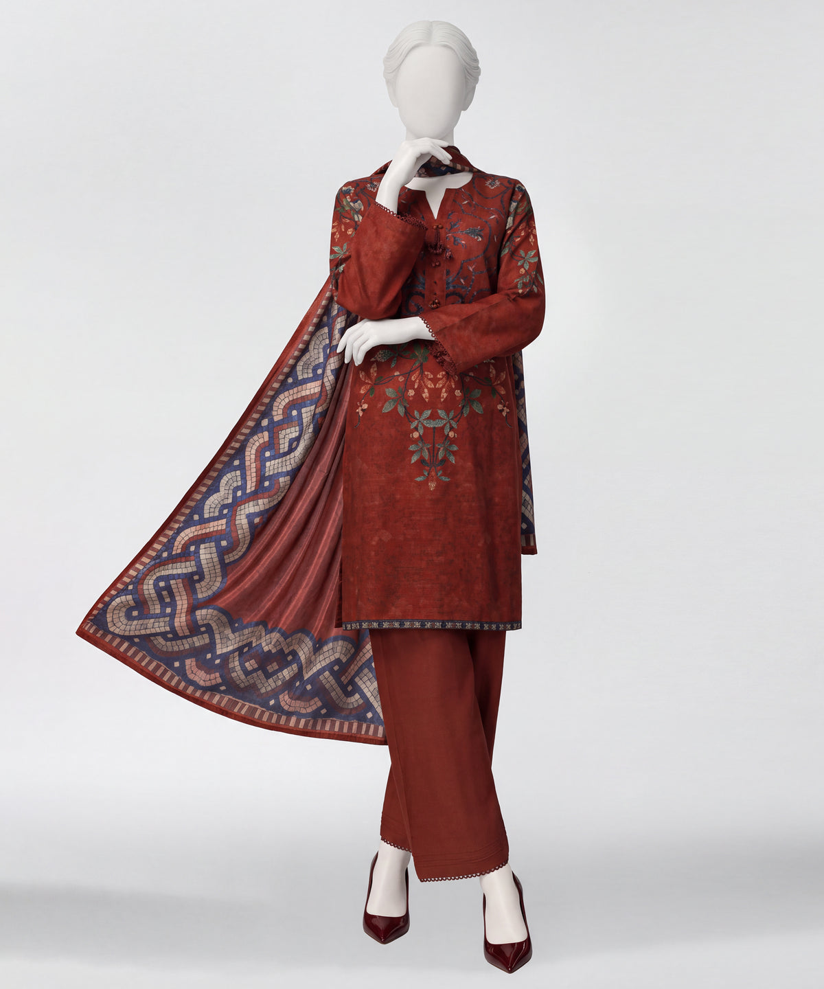 Rust Printed Khaddar Slub Stitched 3Pc