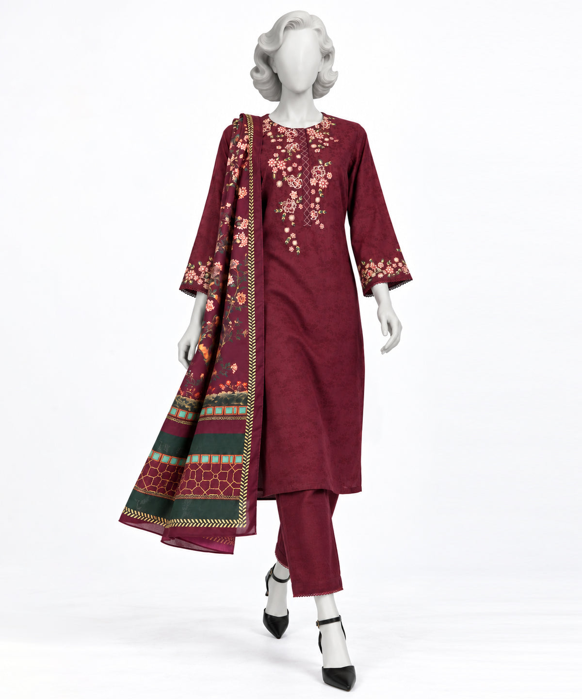 Maroon Embroidered Jacquard Stitched 3Pc