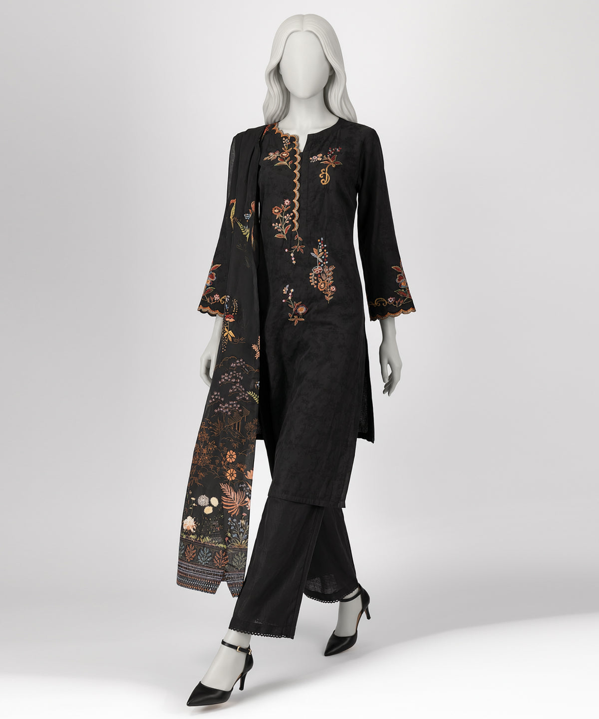 Black Embroidered Waffle Jacquard Stitched 3Pc