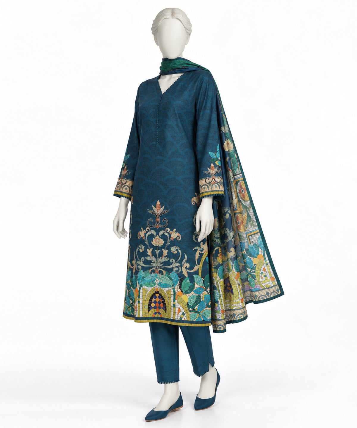 Blue Printed Khaddar Slub Stitched 3Pc