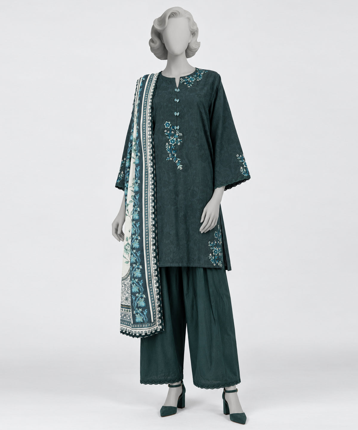 Green Embroidered Jacquard Stitched 3Pc