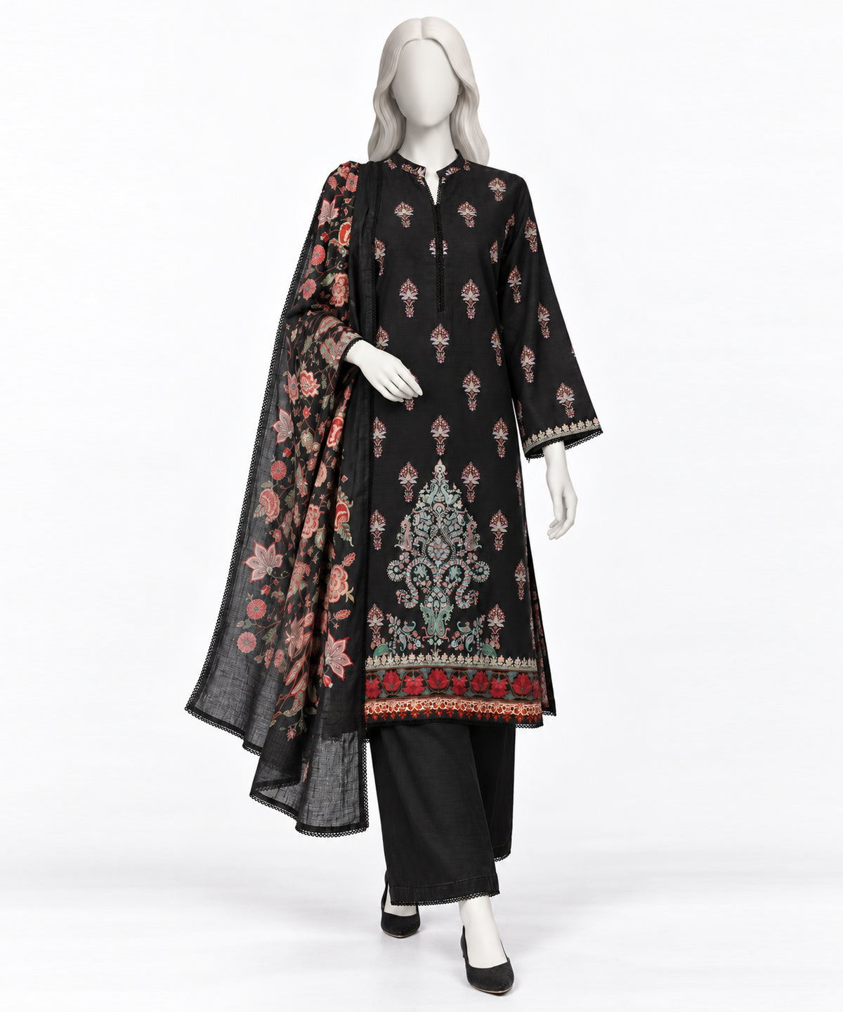 Black Printed Cambric Stitched 3Pc