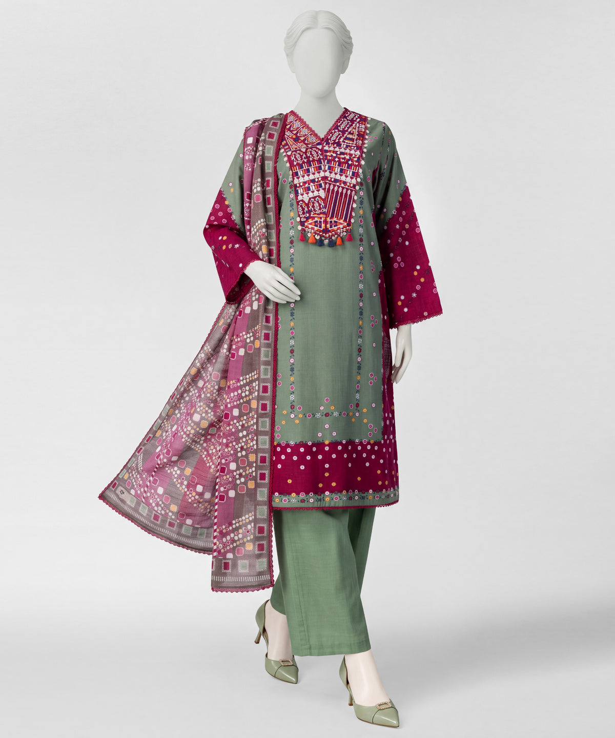Multicolor Embroidered Khaddar Slub Stitched 3Pc