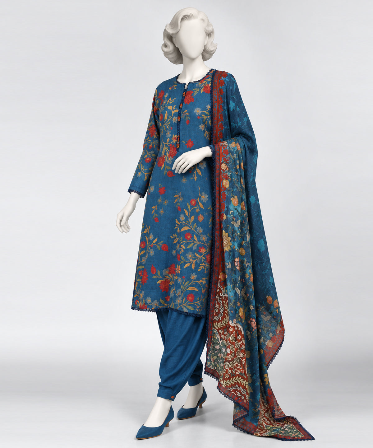 Blue Printed Cambric Stitched 3Pc