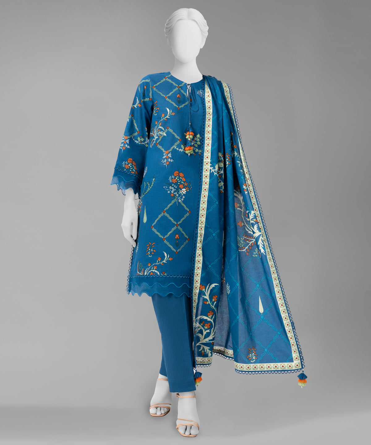 Blue Printed Cambric Unstitched 3Pc