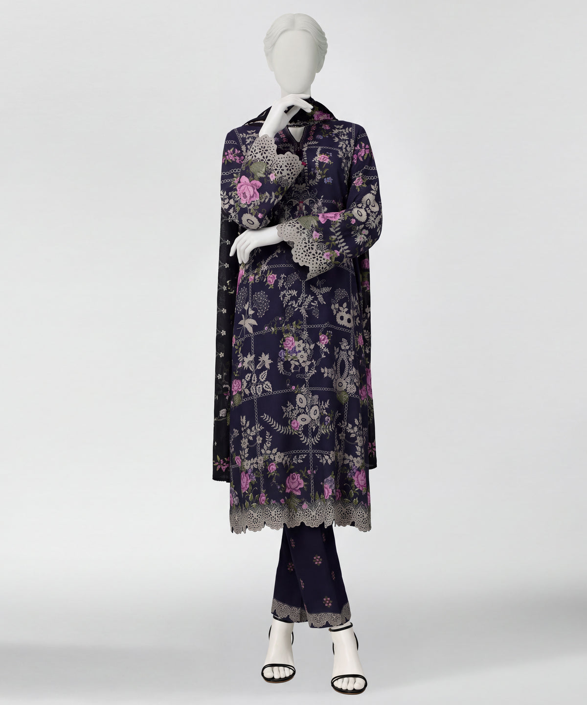 Black Printed Linen Stitched 3Pc