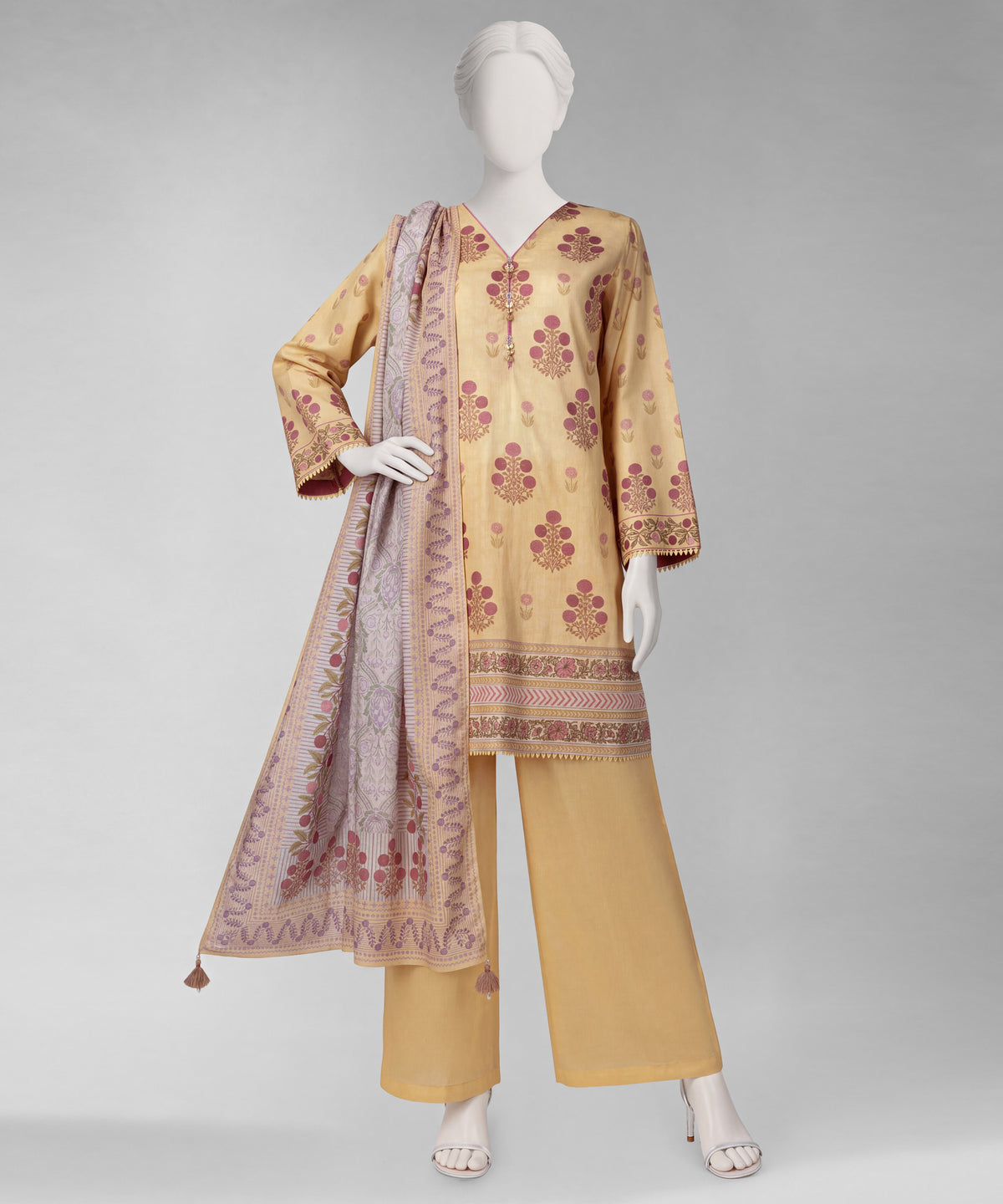 Yellow Printed Cambric Unstitched 3Pc