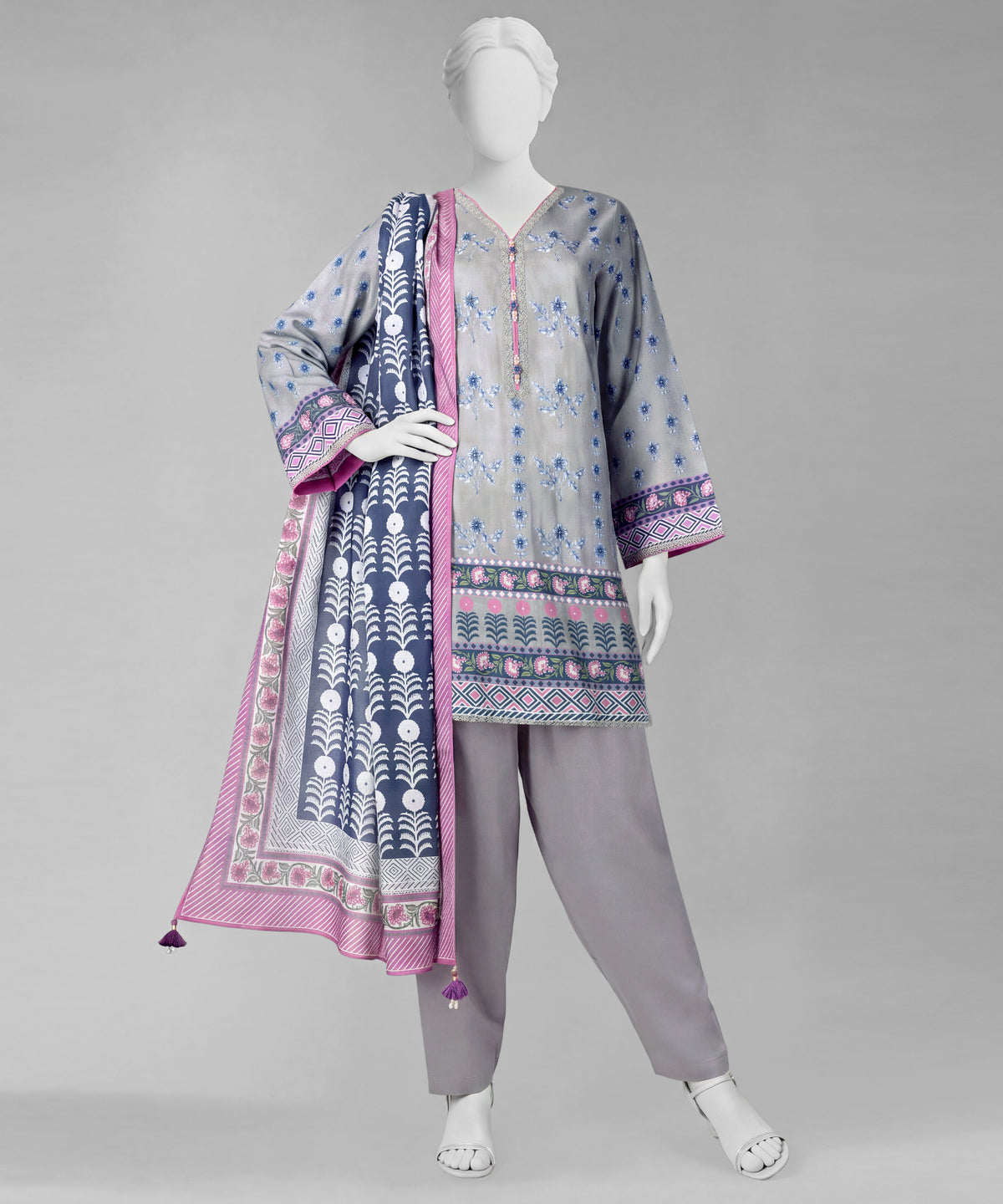 Grey Printed Cambric Unstitched 3Pc