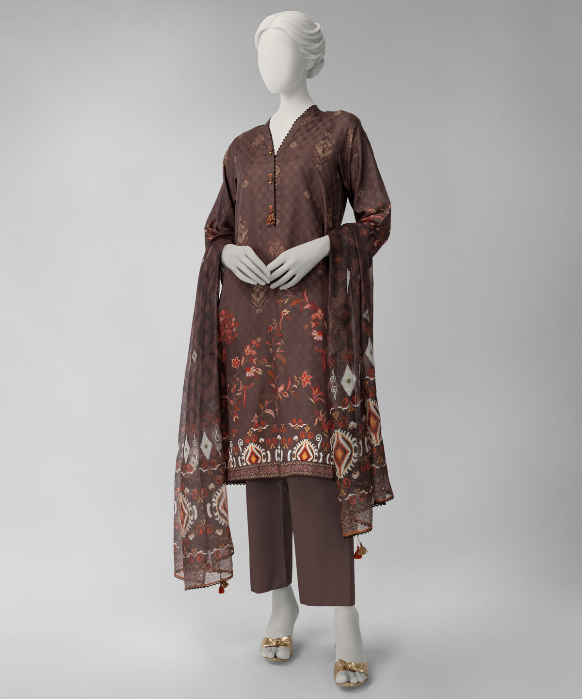 Brown Printed Dobby Unstitched 2Pc