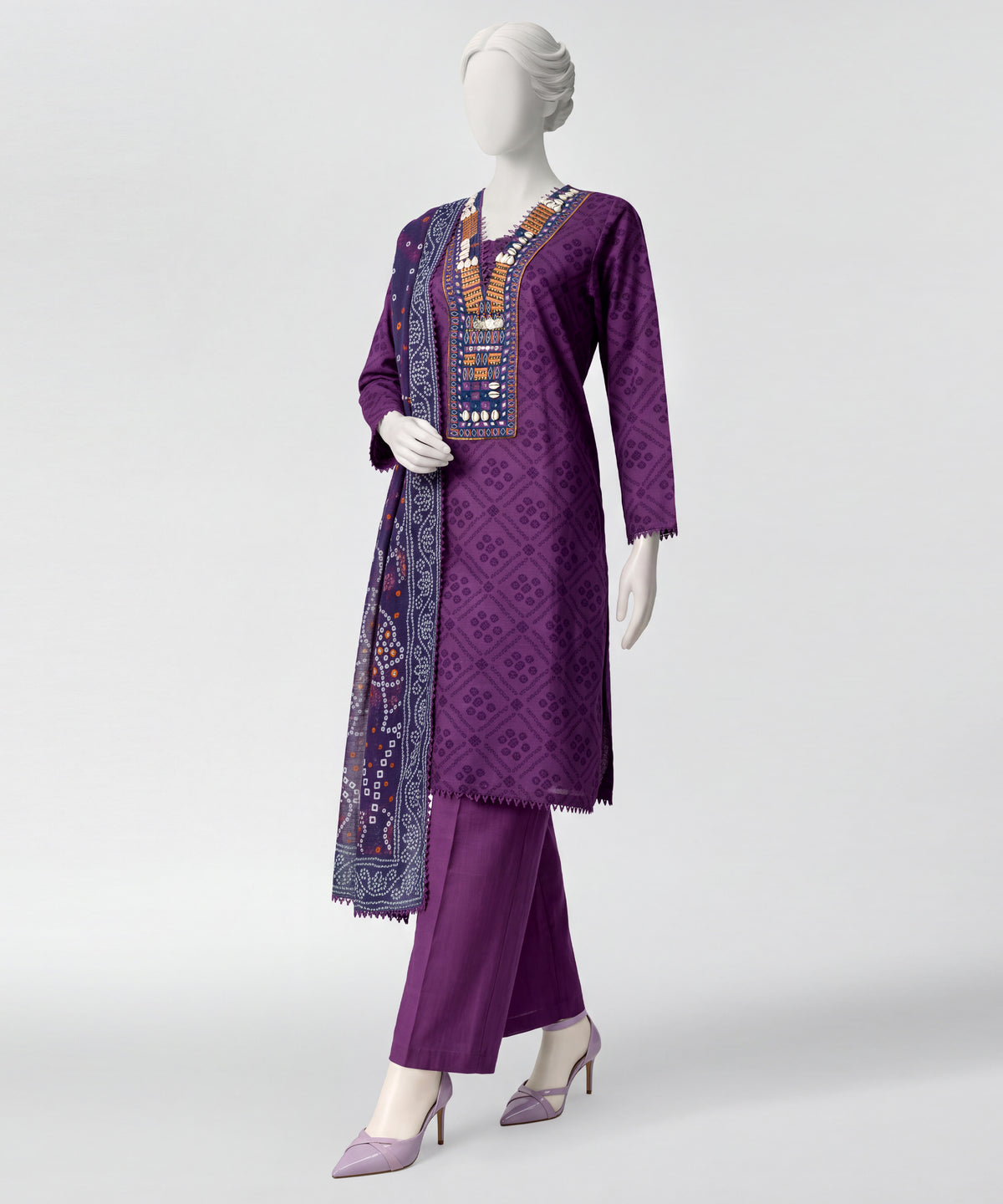 Purple Embroidered Khaddar Slub Stitched 3Pc