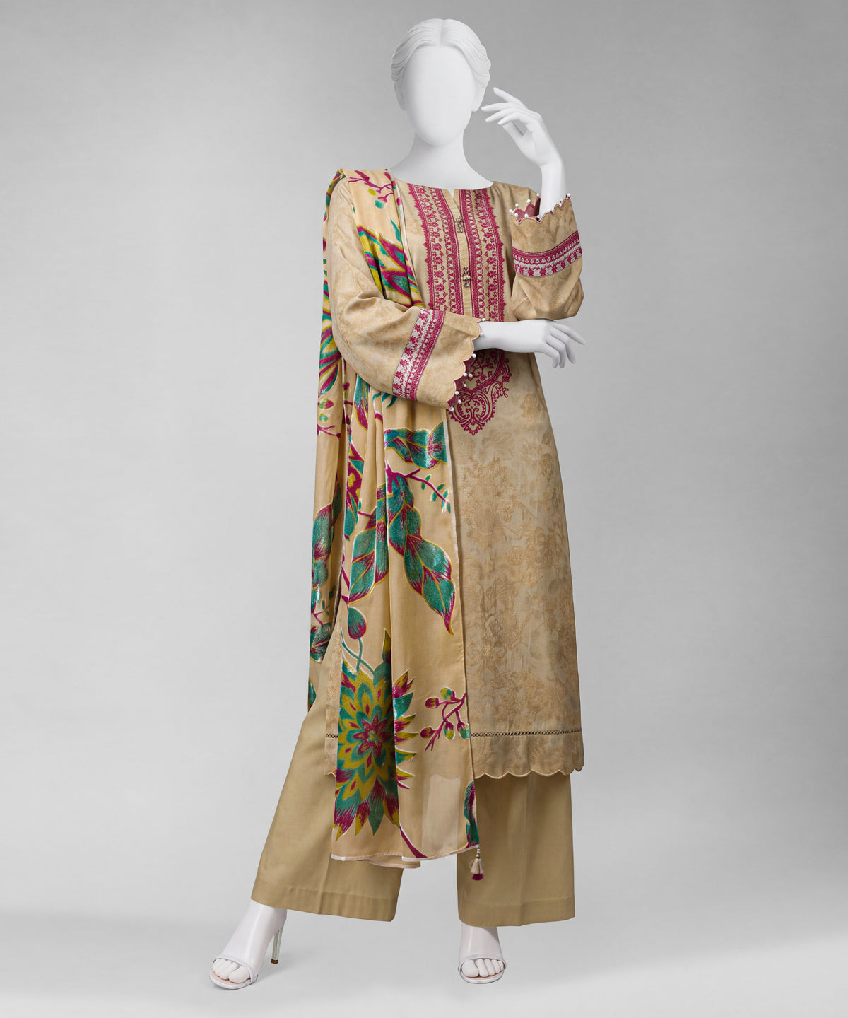 Beige Embroidered Jacquard Unstitched 3Pc