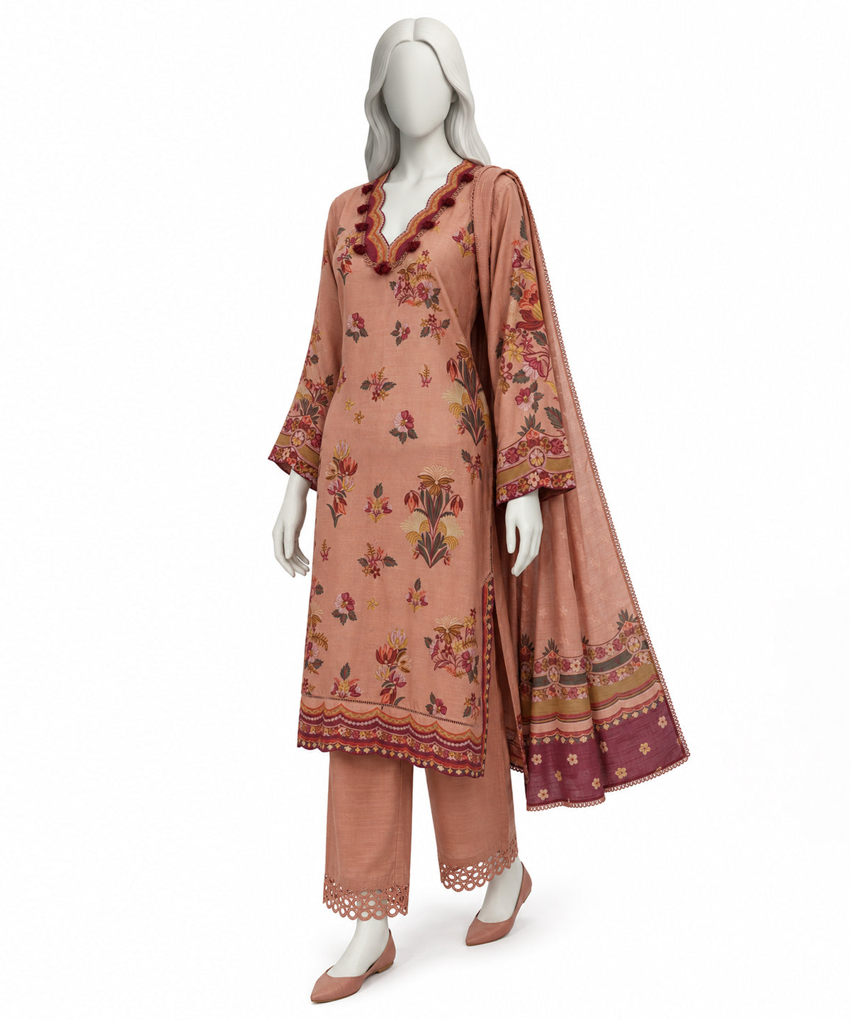 Peach Printed Khaddar Slub Stitched 3Pc