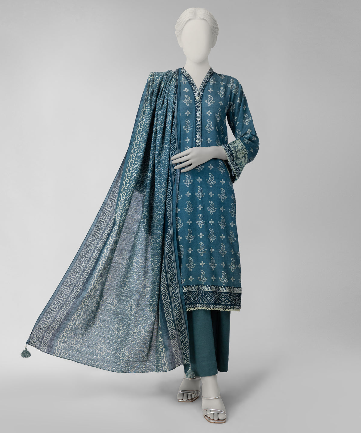 Teal Green Embroidered Khaddar Slub Unstitched 3Pc