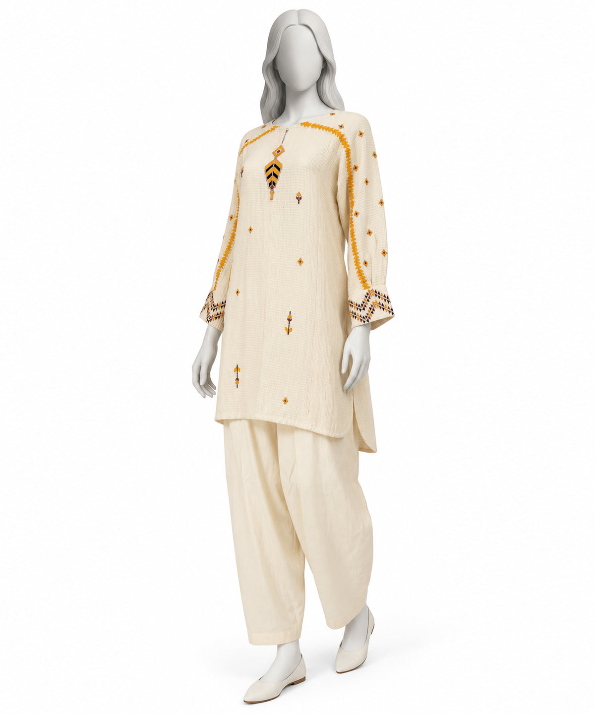 Off White Embroidered Waffle Co-Ord Set