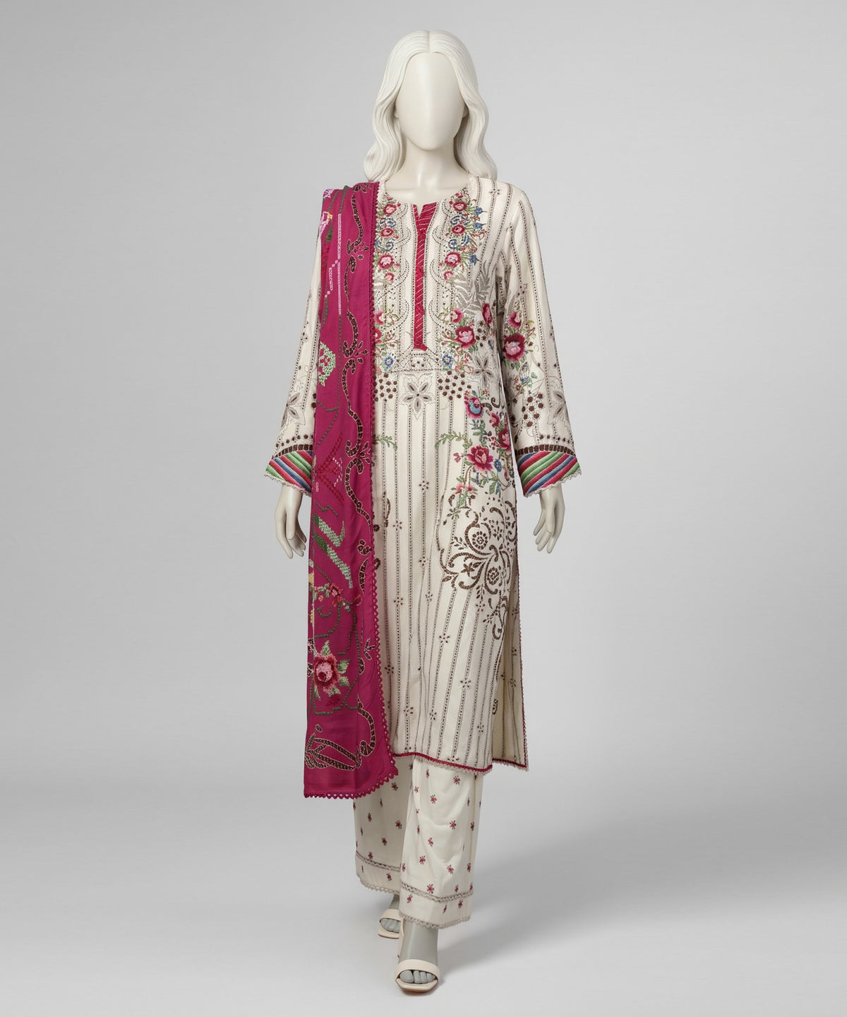 Off White Printed Linen Stitched 3Pc