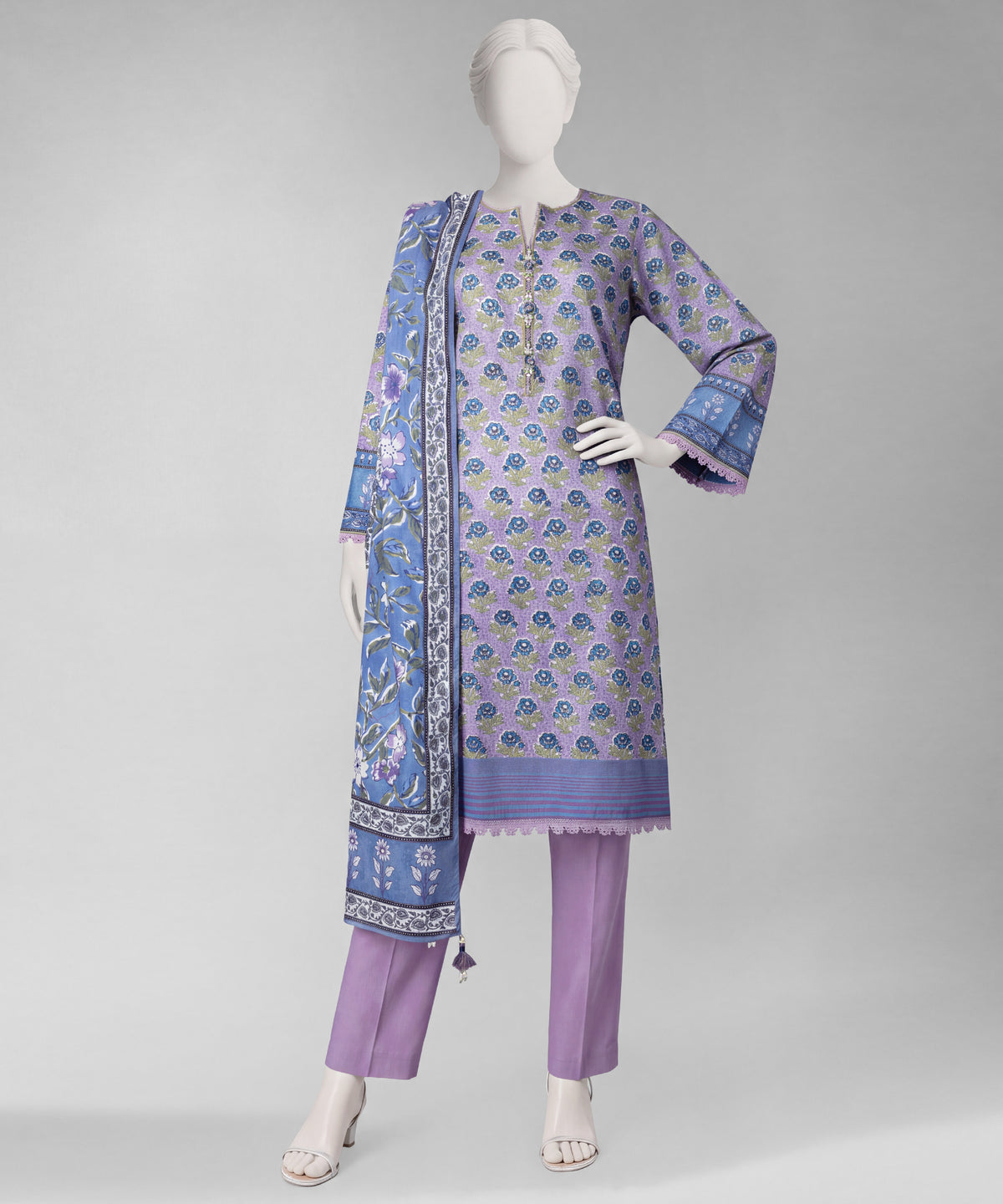 Light Purple Printed Cambric Untitched 3Pc
