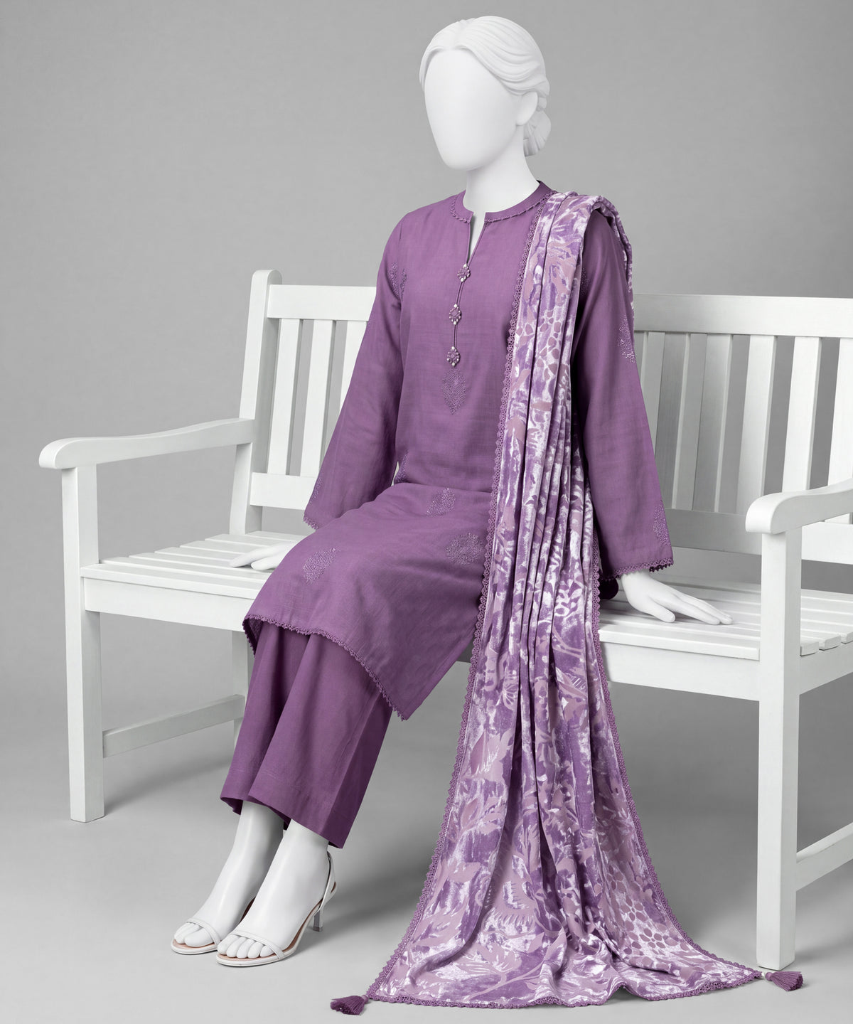 Purple Embroidered Khaddar Slub Stitched 3Pc
