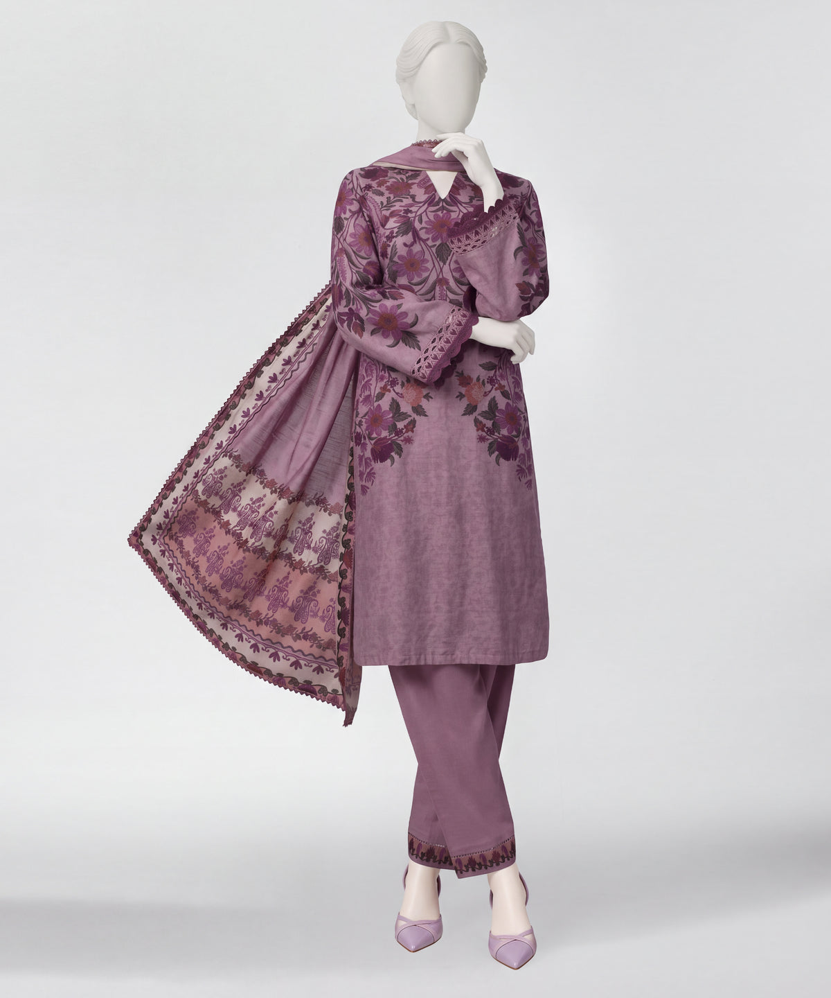 Lilac Khaddar Slub Printed Stitched 3Pc