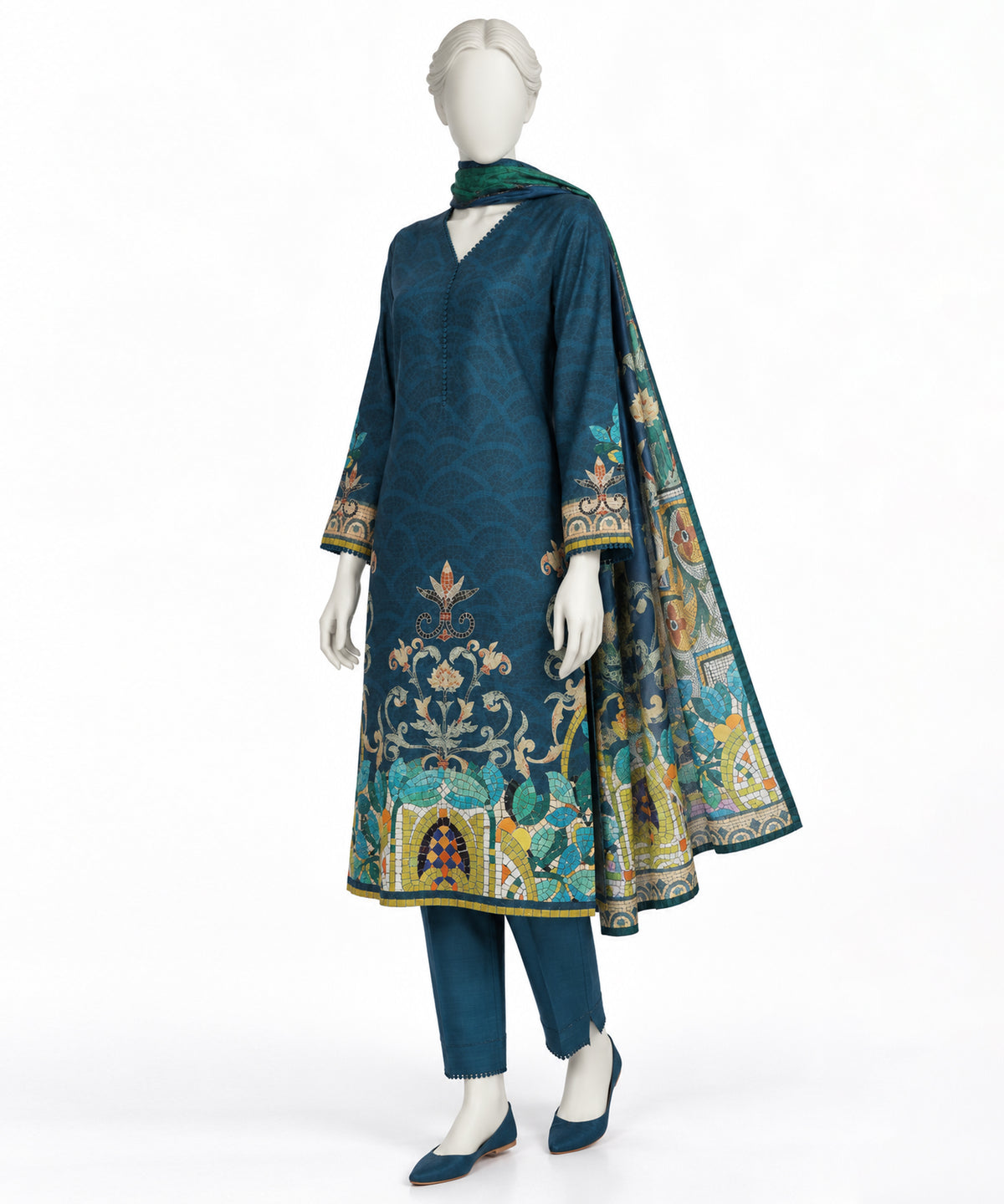 Blue Printed Khaddar Slub Stitched 3Pc