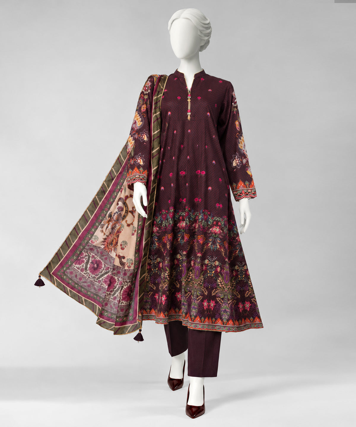 Brown Embroidered Cambric Unstitched 3Pc