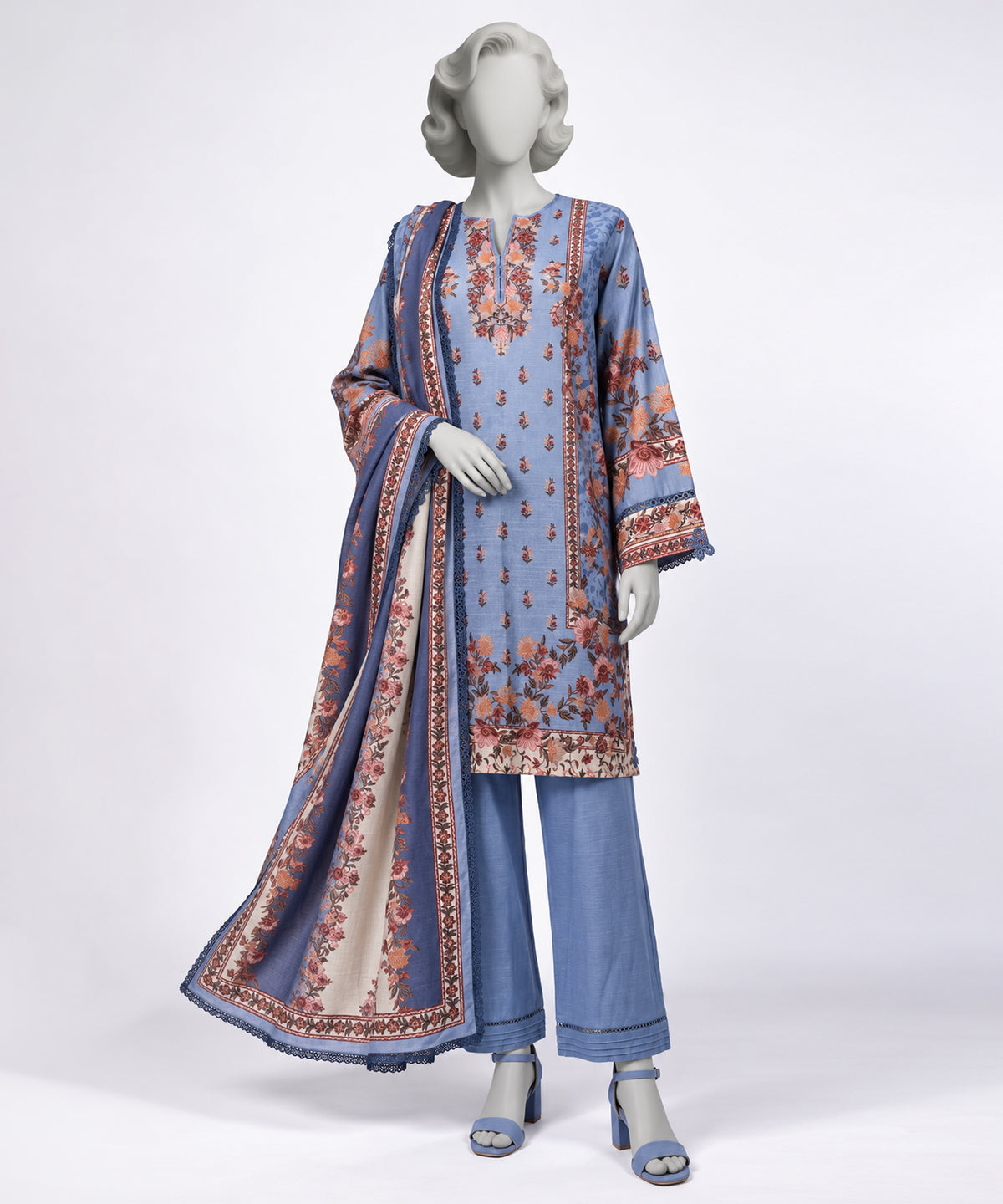 Light Blue Printed Khaddar Slub Stitched 3Pc