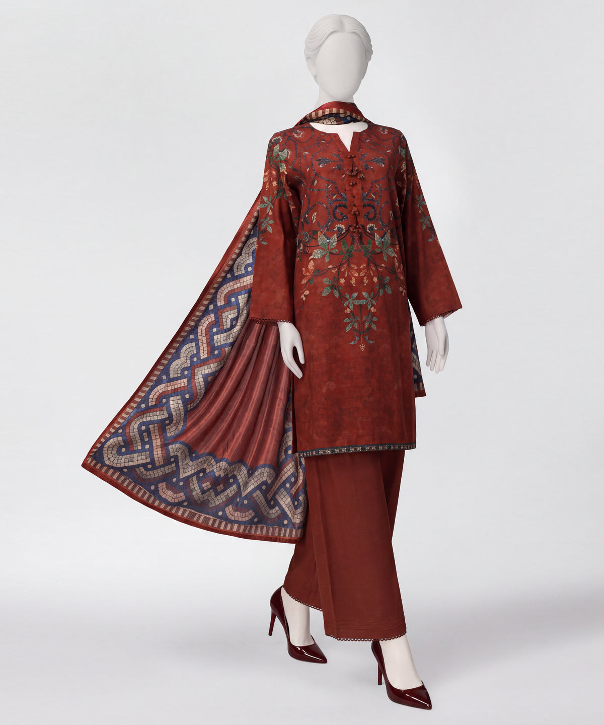 Rust Printed Khaddar Slub Stitched 3Pc
