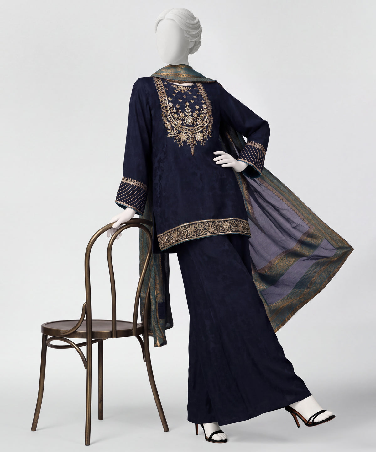 Blue Embroidered Viscose Stitched 3Pc