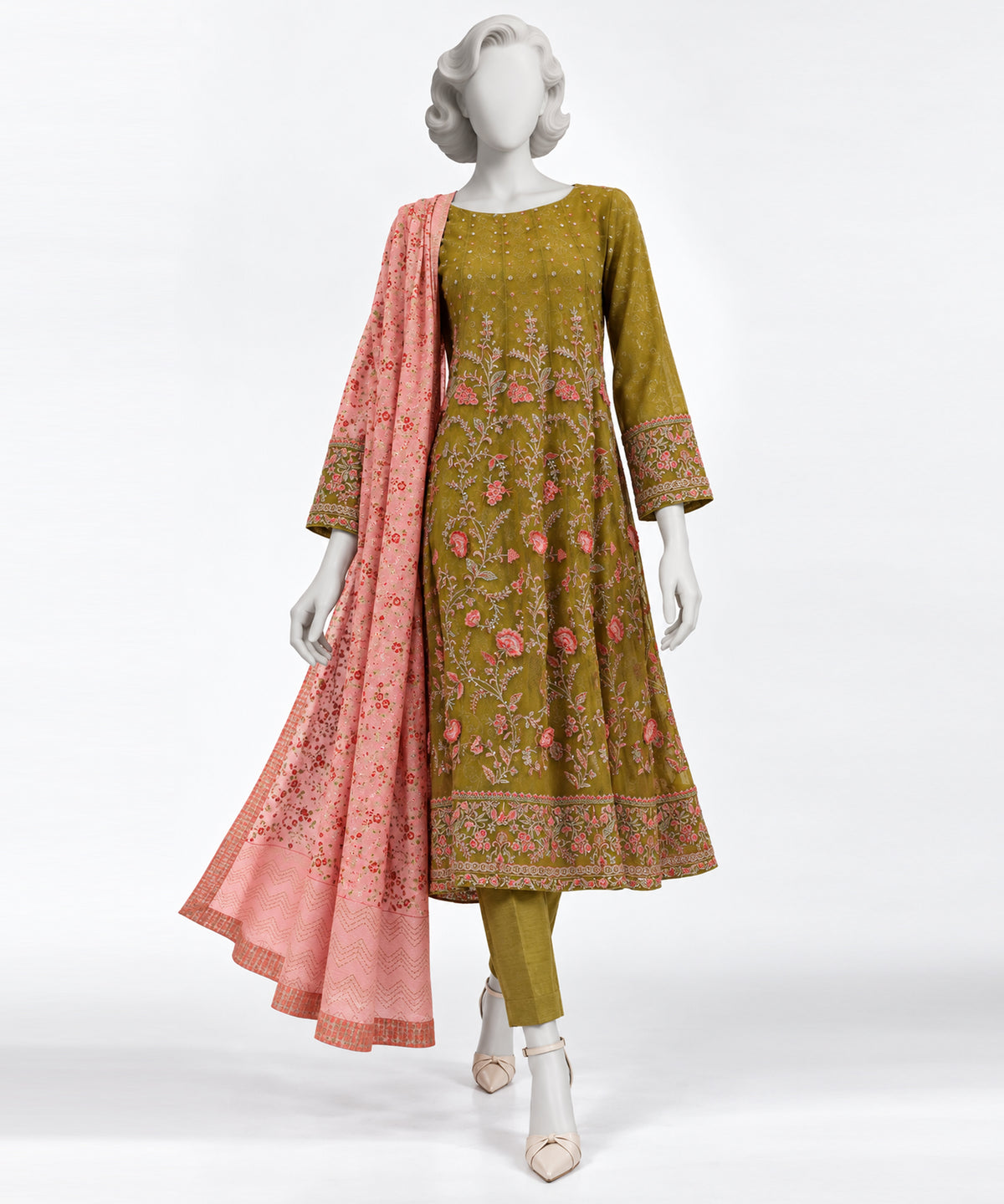 Green Embroidered Raw Silk Stitched 3Pc