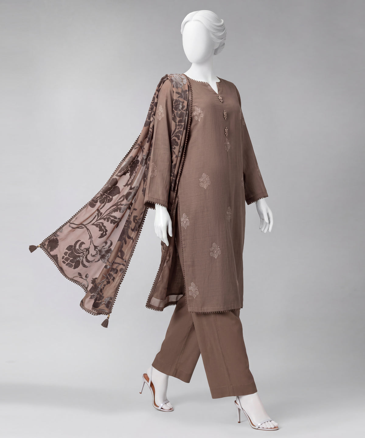 Brown Embroidered Khaddar Slub Stitched 3Pc